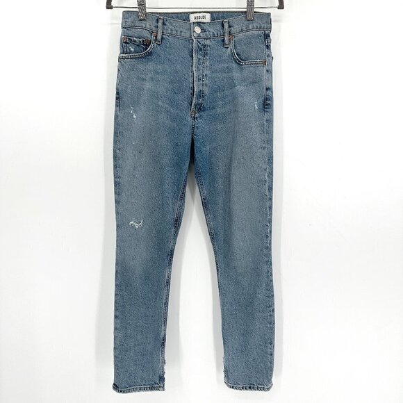Agolde Blue Nico Distressed Split Hem Button Fly High Rise 26 Denim Jeans - Picture 1 of 8